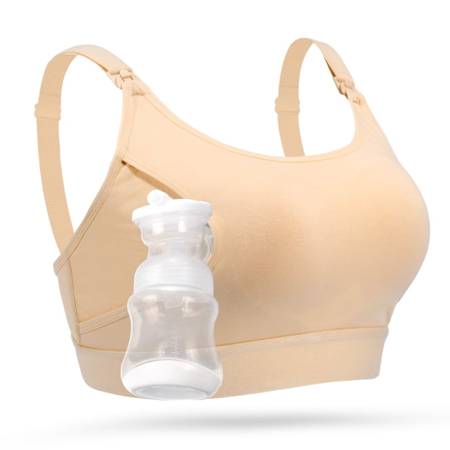 Momcozy Hands Free Pumping Bra, adjustable nursing and pumping bra in beige colour, designed for hands-free breastfeeding and pumping. Features detachable clips, an 'X' structure for securely holding breast pump bottles, and adjustable shoulder straps for comfort. Made from 93% cotton and 7% spandex, suitable for breast pumps like Lansinoh, Philips Avent, Spectra, and Evenflo. Ideal breastfeeding accessory for multitasking mothers.
