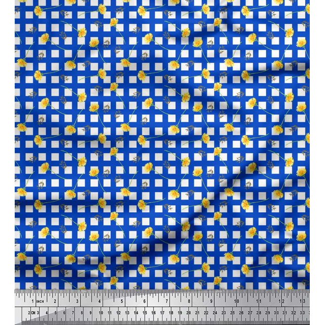 Soimoi Tissu Georgette Poly Bleu Feuilles et Motifs Géométriques Floraux Imprimés au Mètre 42 Pouces de Large
