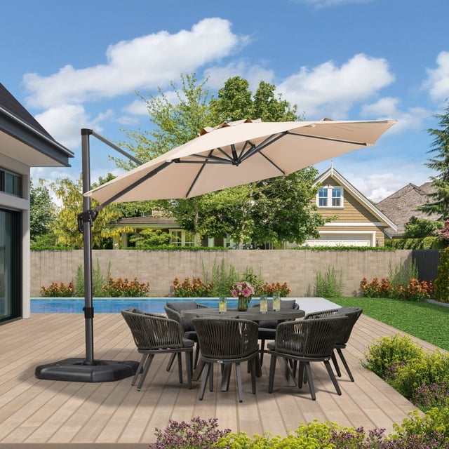 PURPLE LEAF Parasol Déporté Rond de 11 Pi pour Terrasse Extérieure, Grand Parasol Suspendu, Parasol en Aluminium avec Rotation à 360°, Parasol de Jardin et de Piscine Ajustable, Beige
