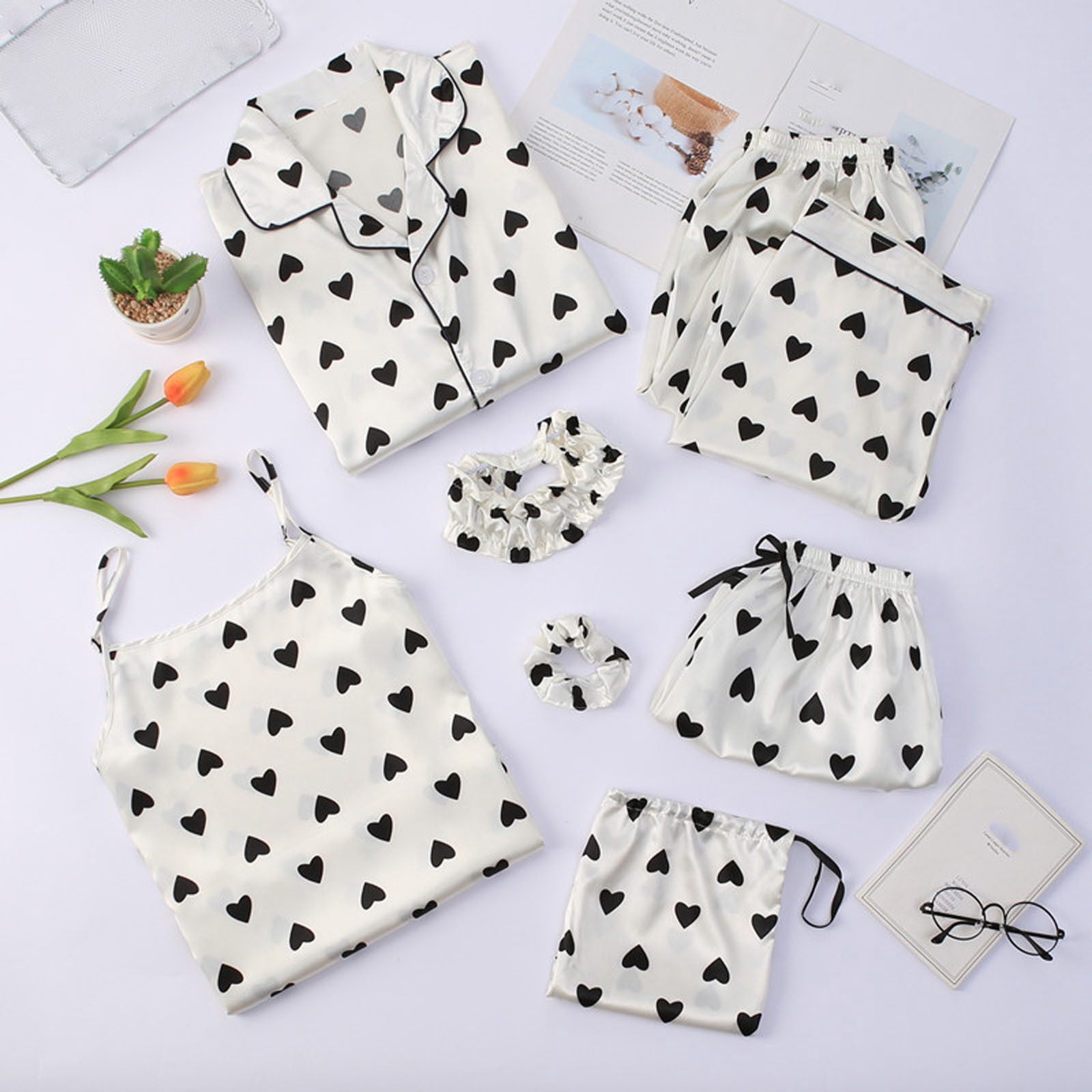 Cameland 7 Pieces Women's Pajamas Sets Faux Silk Pyjama Women's Pajamas Sleepwear Sets Spring Summer Homewear Pajama Sets
