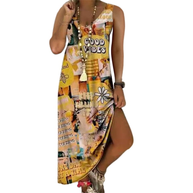 SMihono Robe Maxi Bohème d'Été pour Femmes Grande Taille Mode Femmes Été Aguichant Décontractée Sans Manches à Col en V Imprimée Longue Robe Plage Évasée Robe d'Été