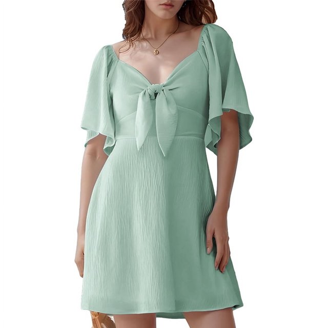 Womens Dresses Spring Summer Deep V Neck Elegant Bow Tie Mini Dress Light Green L