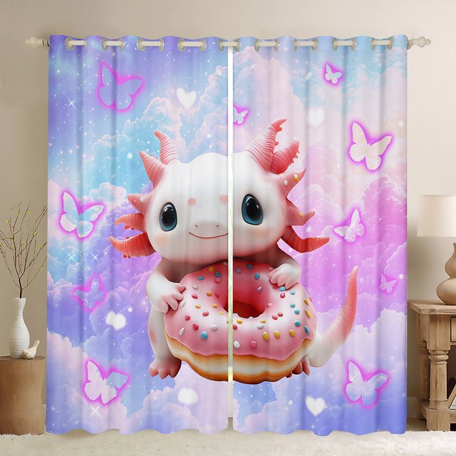 Cartoon Axolotl Windows Drapes Block 30%-50% Light,Sweet Donut Dessert Home Decor Curtains for Living Room,Butterfly Star Purple Gradient Window Drapes 38Wx54L Inches Set of 2 Panels