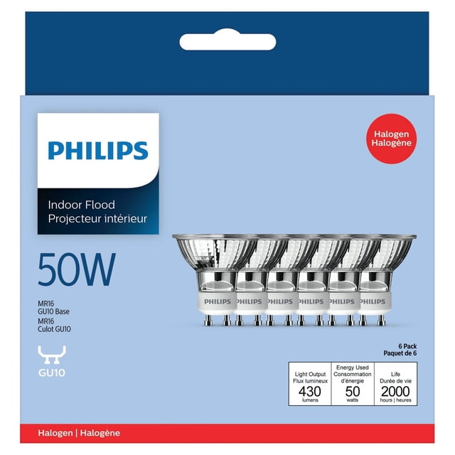 PHILIPS 50W MR16 GU10 Base Halogen Light Bulbs 6 Pack showing six clear glass halogen flood bulbs with aluminum reflectors and GU10 bases on a light blue package, ideal for indoor flood lighting and dimmable fixtures.