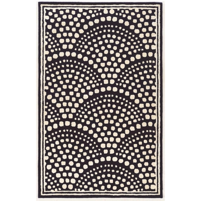 Aspire Wool Scallop Navy & White 5' x 8' area rug with a centered front-facing view, featuring a hand-tufted wool pile in deep navy with white dots arranged in scallop-shaped abstract geometric patterns. It has a double white border and subtle faux silk accents for dimension. Ideal for small rooms or defining spaces, this plush rug adds warmth and durability to home décor.