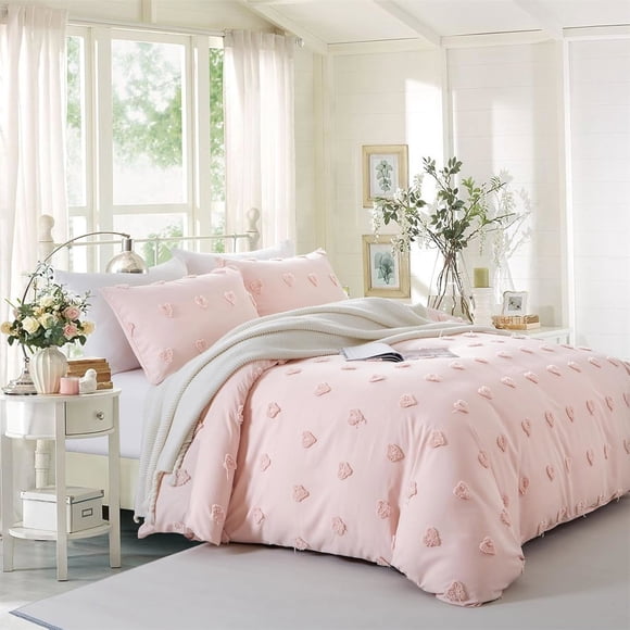 Nayoroom 2 Pieces Pink Tufted Heart Dot Duvet Cover Boho Ultra Soft Jacquard Embroidery Shabby Chic Washed Microfiber Twin Bedding Set