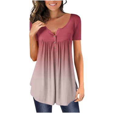 EGNMCR T Shirts for Women Women Fashion V- Neck Gradient Printed Tunic Tops Buttons Short Sleeve T-shirt