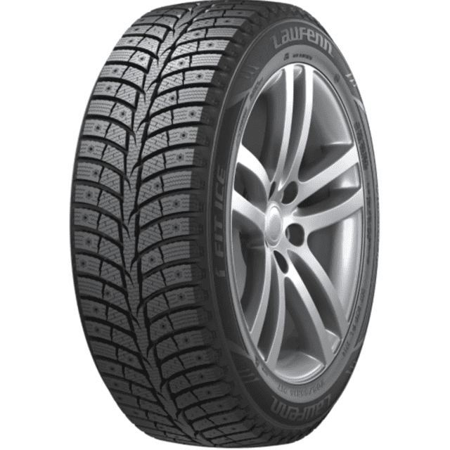 Laufenn I Fit Ice tire 225/55R17XL 101T winter passenger car tire shown in a 3/4 profile view with dense siping and stud holes on the tread for enhanced grip on snow and ice, mounted on a silver alloy wheel, designed for cold weather comfort and reliable braking in harsh winter climates common in Canada.