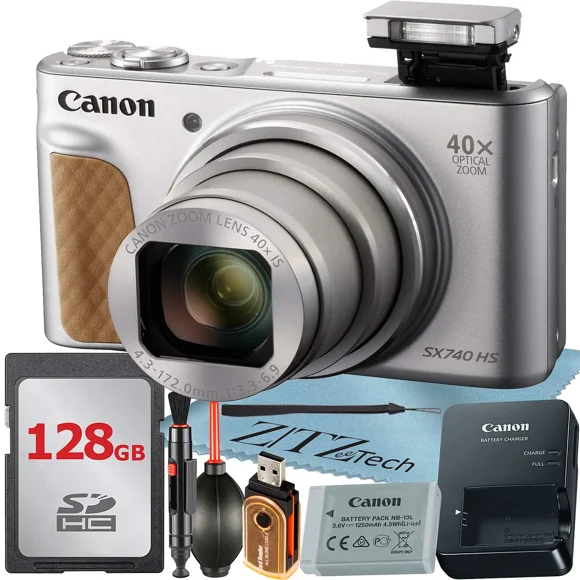Canon PowerShot SX740 HS Digital Camera (Silver) with 40x Optical Zoom Lens + 128GB Memory Card + Cleaning Pen + ZeeTech Starter Bundle