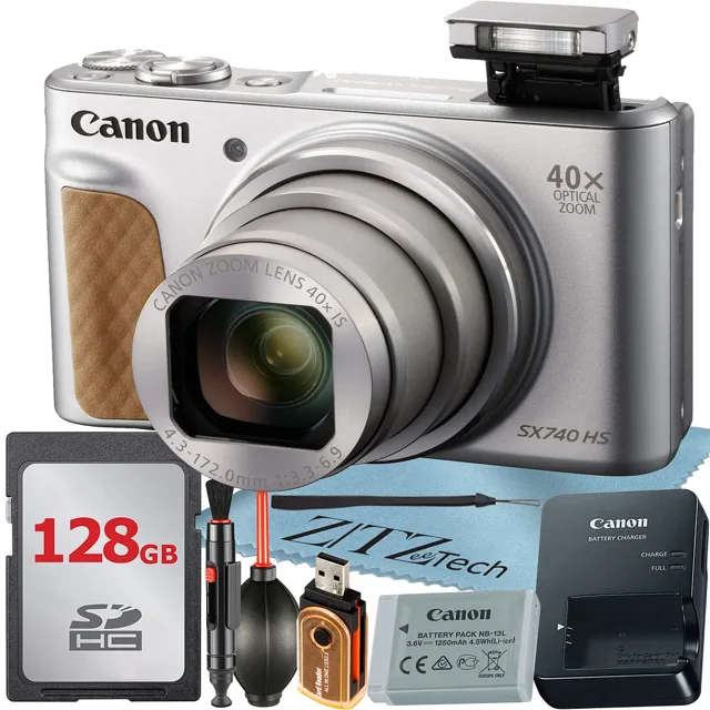 Canon PowerShot SX740 HS Digital Camera (Silver) with 40x Optical Zoom Lens + 128GB Memory Card + Cleaning Pen + ZeeTech Starter Bundle