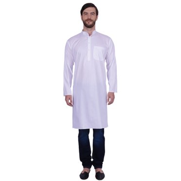 Élégante Kurta Longue en Coton pour Homme, Vêtements Indiens (Blanc, P)