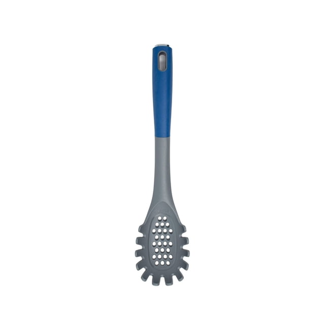 Farberware Soft Grip Pasta Fork with a blue soft grip handle and gray slotted head designed for serving and draining pasta, safe for all cookware including nonstick, also ideal for stirring sauces or mixing salads.