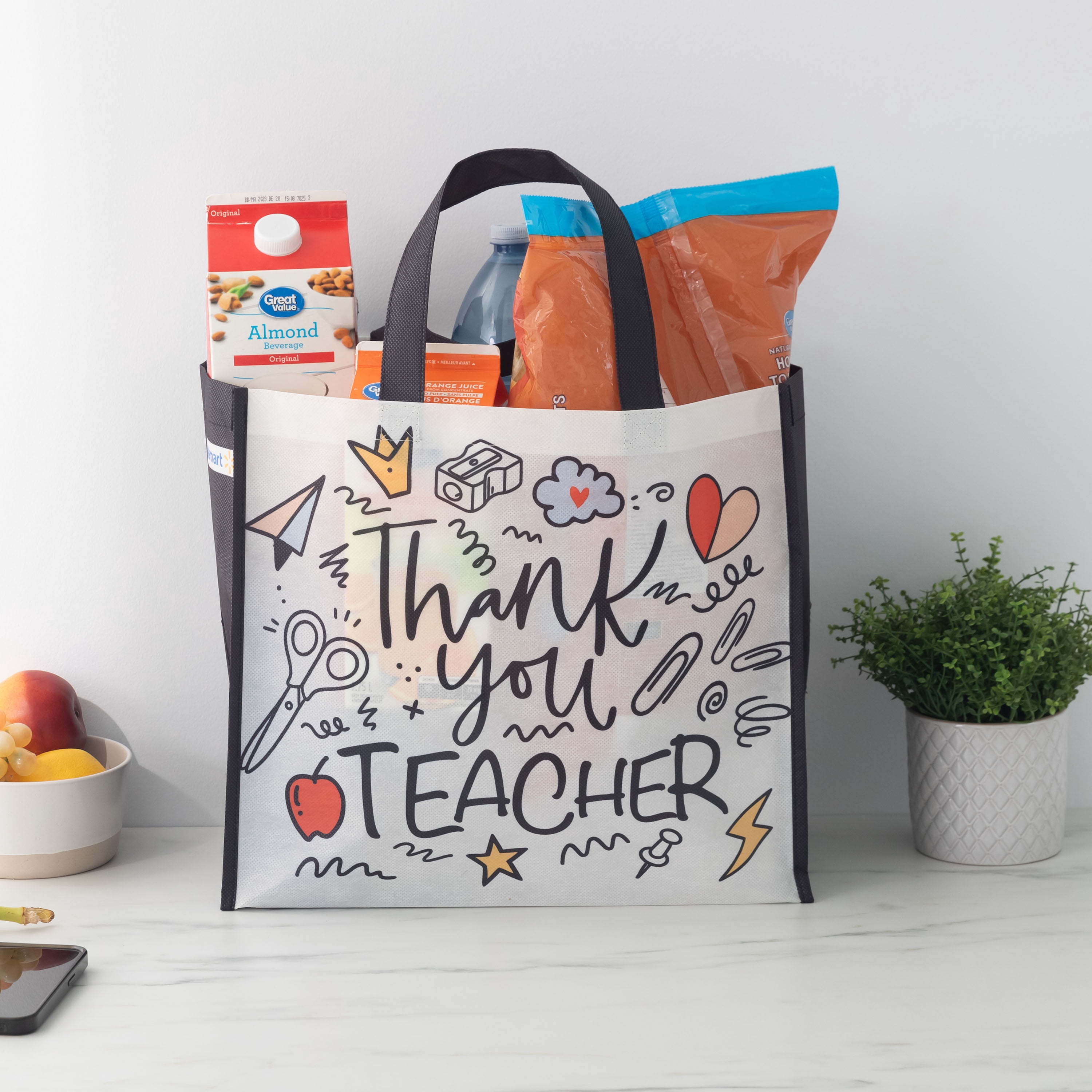 Walmart Sac d’épicerie réutilisable reconnaissance des enseignants, sac fourre-tout avec porte-bouteilles, noir