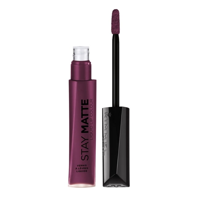 Rimmel London Stay Matte Liquid Lip Color in deep berry shade with velvety matte finish, featuring a frosted clear tube and black cap with applicator wand, offering long-lasting, kissproof liquid lipstick ideal for bold lip colour.