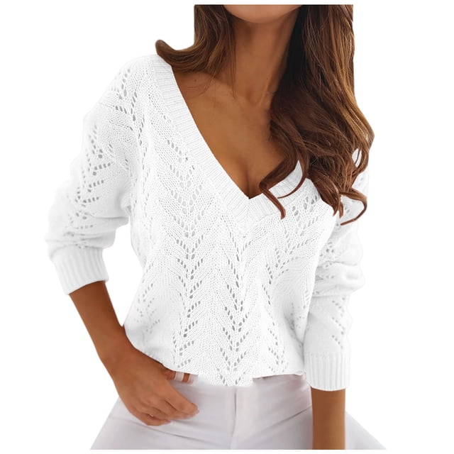 KIHOUT Spring Winter Womens Tops V-Neck Solid Color Hollow Out Recreational Thin Pullover Long Sleeve Sweater Tops