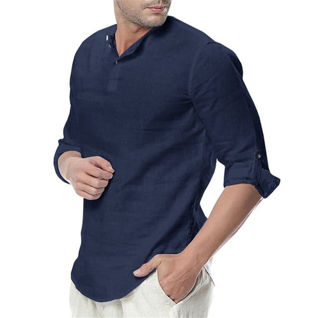CEHVOM Men's Spring And Autumn Casual Solid Color Cotton And Linen Loose Coat Shirt