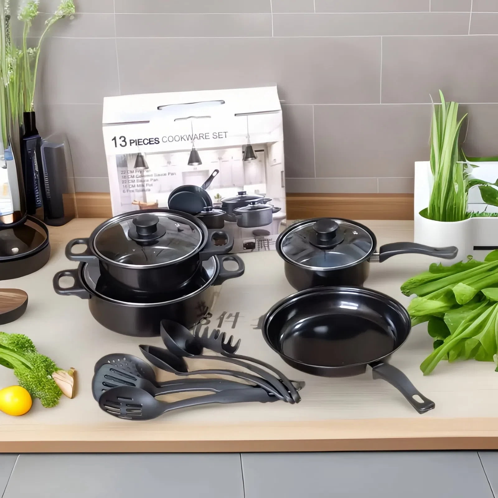 Bamboohart 13pcs Red Cookware Set  Stainless Steel Material  Non-Stick Pan  Kitchen Cookware Set  Non-Stick Pan Cooking Set  Various Pans Meet All the Needs of the Kitchen  The Best and M