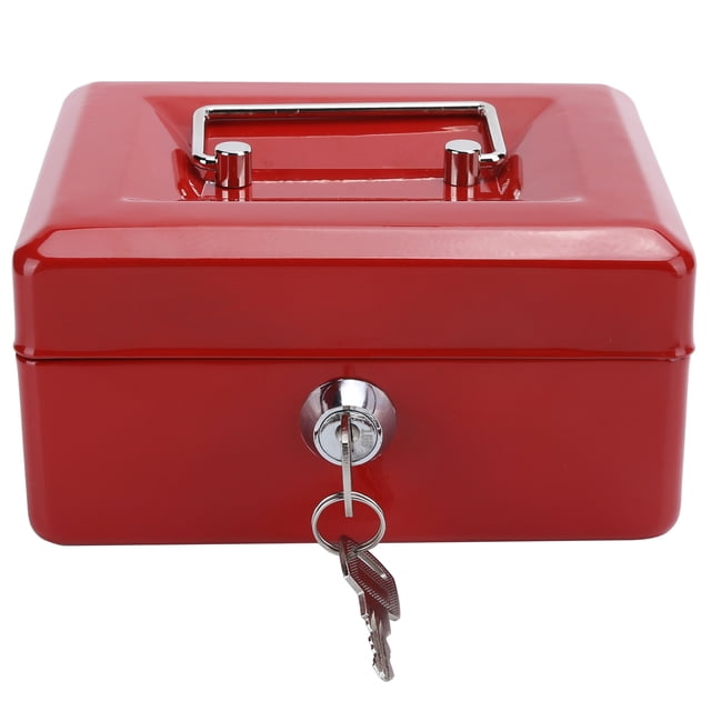 Cash Box, Safe Box with Key Security Lock Box Lock Case, designed for home and office use, shown in a vibrant red steel finish. The box features a sturdy handle for portability and a secure key lock mechanism with two included keys. Compact dimensions of approximately 15x12x8cm make it suitable for cash handling, jewelry, coins, and other small items. Ideal for use in schools, market stalls, retail essentials, and travel.