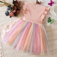 thumbnail image 4 of Offre à Durée Limitée Iumwxz Tunique en Tulle Colorée Évasée Robe d'Été avec Ceinture Robes Col Rond à Blocs de Couleur Graphique Robe à Manches à Volants pour Adolescentes Robes Tendance pour Aller Magasiner 1-6 Ans, 4 of 9