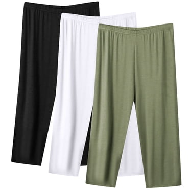 3 Pack Pajama Pants Womens Plus Size Capris Elastic Waist Soft Cotton Sleep Pjs Bottoms Cropped Pants, Black/White/Green 5XL