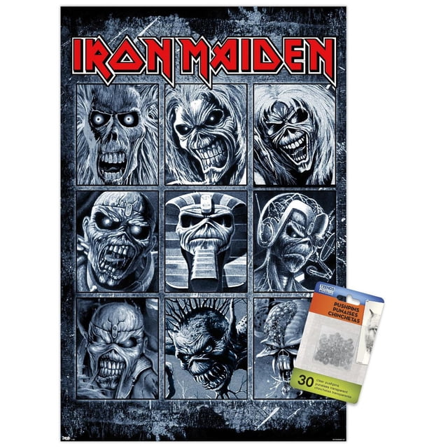 Iron Maiden - Grid Wall Poster, 22.375" x 34" featuring nine black and white illustrated panels of Iron Maiden's mascot Eddie in various stylized forms arranged in a grid with a textured dark background and bold red Iron Maiden logo at the top, ideal for wall art and room décor.