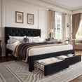 thumbnail image 1 of Ourlova King Size Bed Frame with 2 Storage Drawers Vintage Velvet Upholstered Bedframe with Wooden Slat Support and Button Tufted Wingback Headboard No Box Spring Needed Noise Free Black, 1 of 7