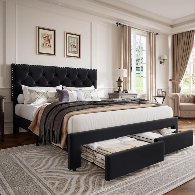 Ourlova King Size Bed Frame with 2 Storage Drawers Vintage Velvet Upholstered Bedframe with Wooden Slat Support and Button Tufted Wingback Headboard No Box Spring Needed Noise Free Black