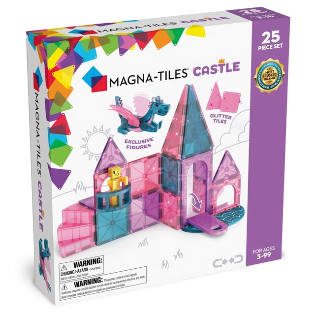 MAGNA-TILES® Castle 25-Piece Magnetic Construction Set with glitter tiles, a working drawbridge, spiral staircase, balcony, and exclusive dragon and royalty figures. Includes 25 magnetic blocks for creative building and storytelling. Suitable for ages 3-99.