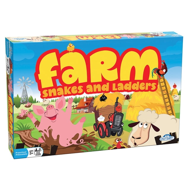 Farms Snakes and Ladders board game by Outset Media, featuring a colourful farm-themed design with playful animals like a pig, sheep, and rooster. The game box highlights the classic Snakes and Ladders gameplay with a farm twist, including muddy slides and ladders. Suitable for ages 3 and up, it includes six pawns, stands, a gameboard, and a spinner. Ideal for family game nights and helps develop counting and social skills.