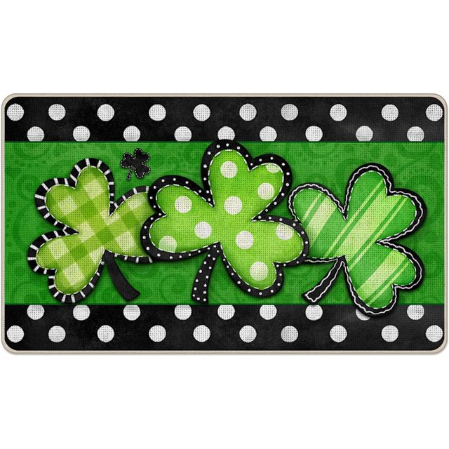 St. Patricks Day Decorative Front Door Mat, Shamrock Clover Doormat Indoor Outdoor Non-Slip Floor Entryway Rug, Polka Dots Irish Spring Holiday Home Kitchen Decoration 17x29 Inch