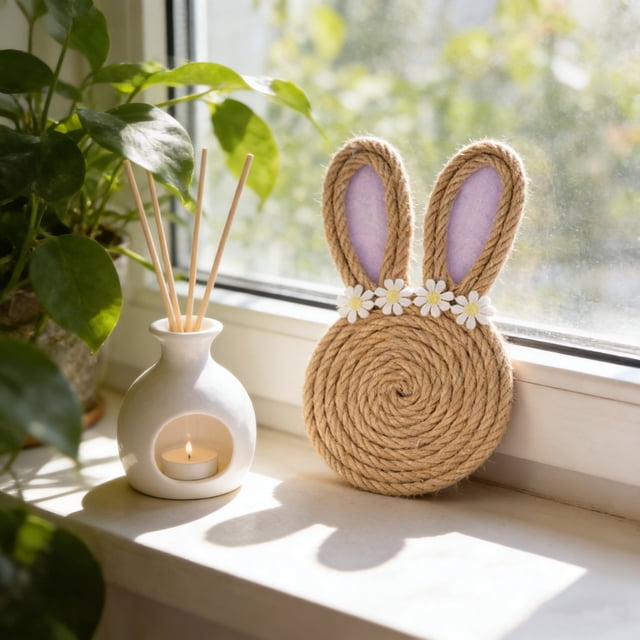 Cheapark Easter Bunny Coaster Jute Table Heat Insulation Pad Holiday Party Decorations Supplies