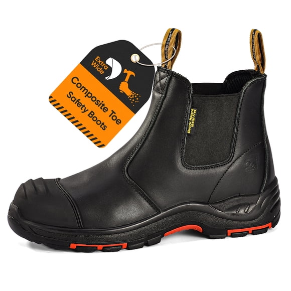 SAFETOE Heavy Duty Mens Work Boots Composite Toe Cap Chelsea Safety Boots Slip On Waterproof Leather Lightweight Working Shoes ASTM F2413
