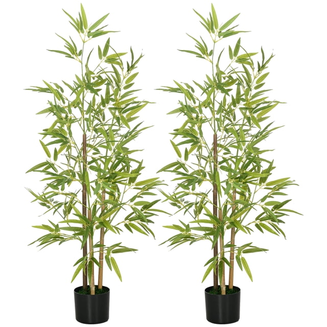HOMCOM 2 Piece 4ft Artificial Tree Bamboo set with realistic green leaves and three-trunk designs in black nursery pots. These pre-potted artificial trees are perfect for indoor home decor, offering a low-maintenance and natural accent to any space.
