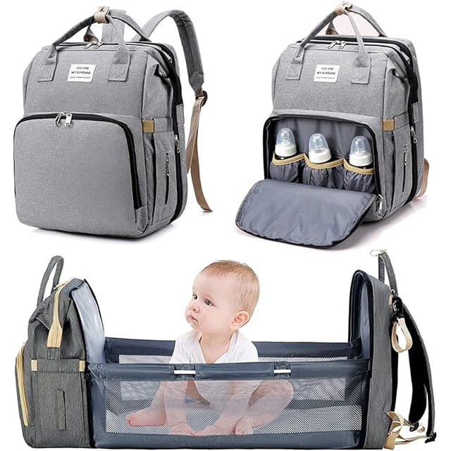 Baby Diaper Backpack, Travel Bag with Portable Crib, Large Capacity Waterproof Multifunctional Diaper Bag, 2 Stroller Straps, Suitable for Bottle Backpack