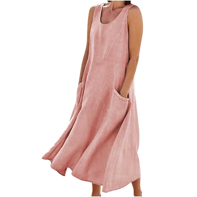 Robe Longue d'Été Sans Manches en Coton et Lin pour Femmes, Encolure Dégagée, Décontractée, Fluide, Ample, Maxi, avec Poche, pour Plage et Vacances