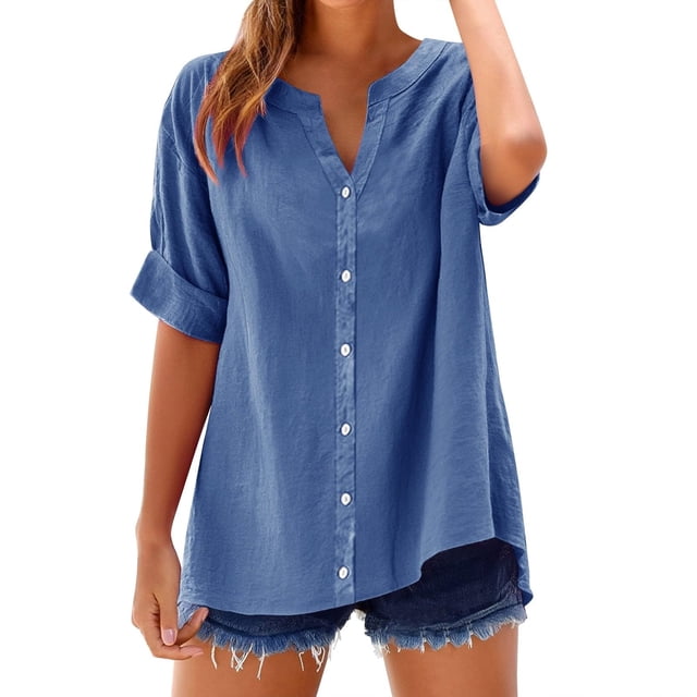 Womens Plus Size Tops on Clearance Summer Linen Work Tops for Women Trendy Plus Size V Neck Button down Boho Clothes Spring Tops for Women 2025 New Blue S