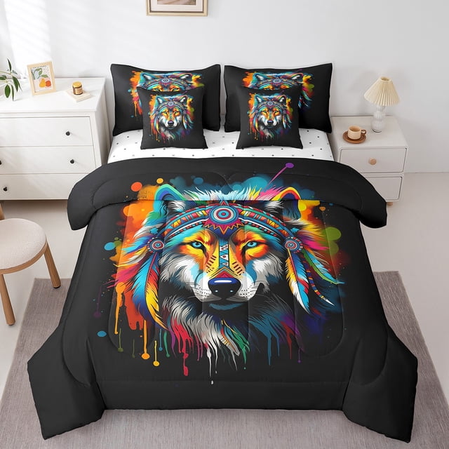 YST Hippie Wolf 7-Piece Bedding Set, Rainbow Watercolor Comforter, King