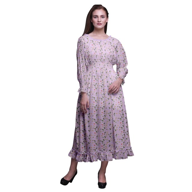 Bimba Floral Women Cotton Smocked Boho Renaissance Long Ruffle MaxiDress-Large