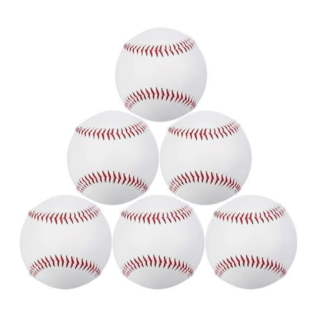 Unique Bargains 9 Inch Baseball Baseballs Bulk Practice Training Baseball Unmarked Baseballs, 6 Pack. A set of six regulation-size baseballs with a 9-inch circumference and 2.8-inch diameter, featuring a white synthetic leather surface with red double-stitched seams. Designed for durability with rubber and solid cork padding, these baseballs are suitable for practice, training drills, and games. The unmarked surface allows for customization or autographs.