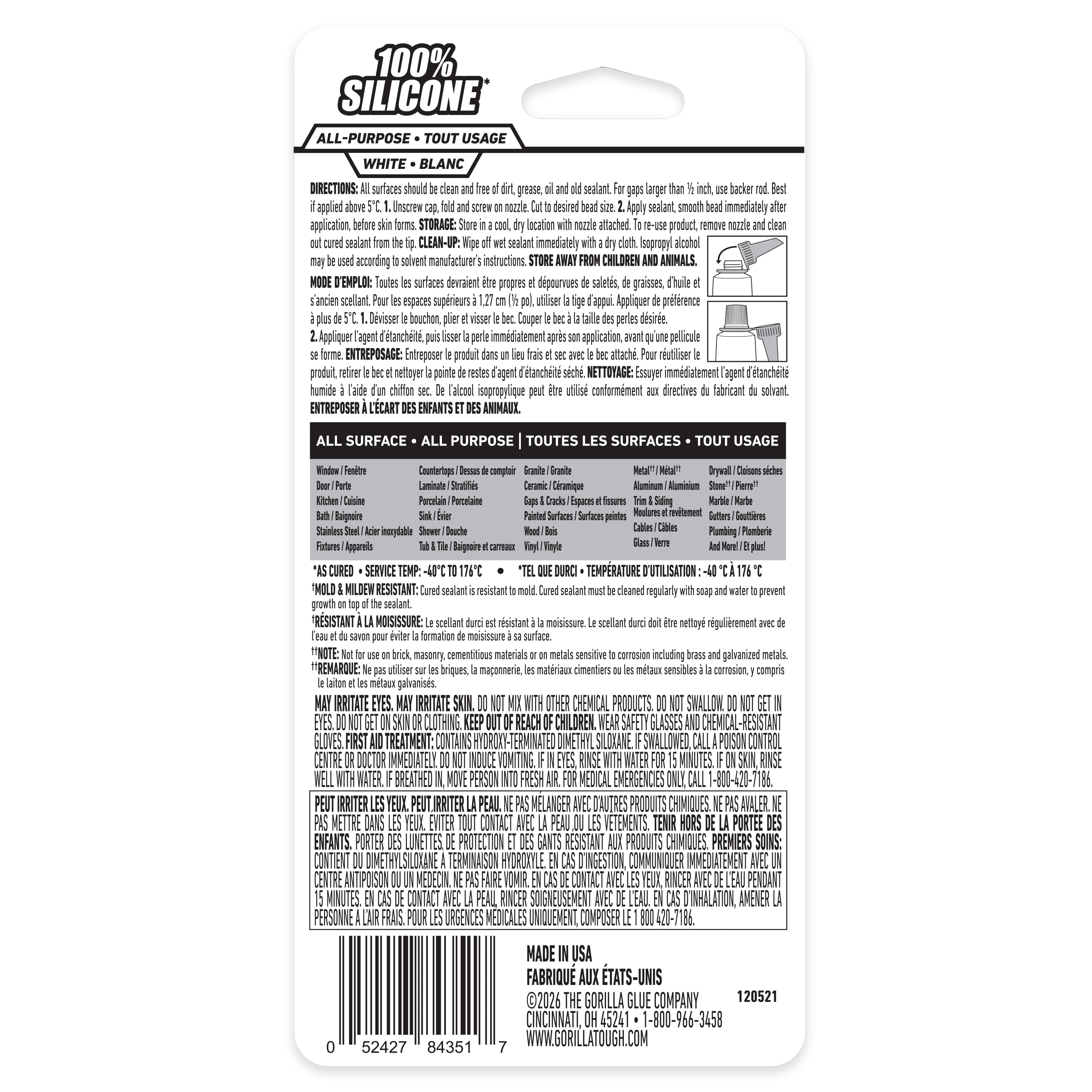 Gorilla Scellant 100 % silicone 82 ml, blanc
