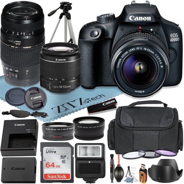 Canon EOS 4000D / Rebel T100 Camera bundle featuring an 18MP APS-C CMOS sensor and DIGIC 4+ processor. Includes Canon EF-S 18-55mm f/3.5-5.6 III lens, 70-300mm telephoto lens, 64GB memory cards, and ZeeTech accessory kit with tripod, camera bag, lens filters, external flash, and cleaning tools. Ideal for capturing detailed photos and Full HD videos with Wi-Fi connectivity and Scene Intelligent Auto mode.