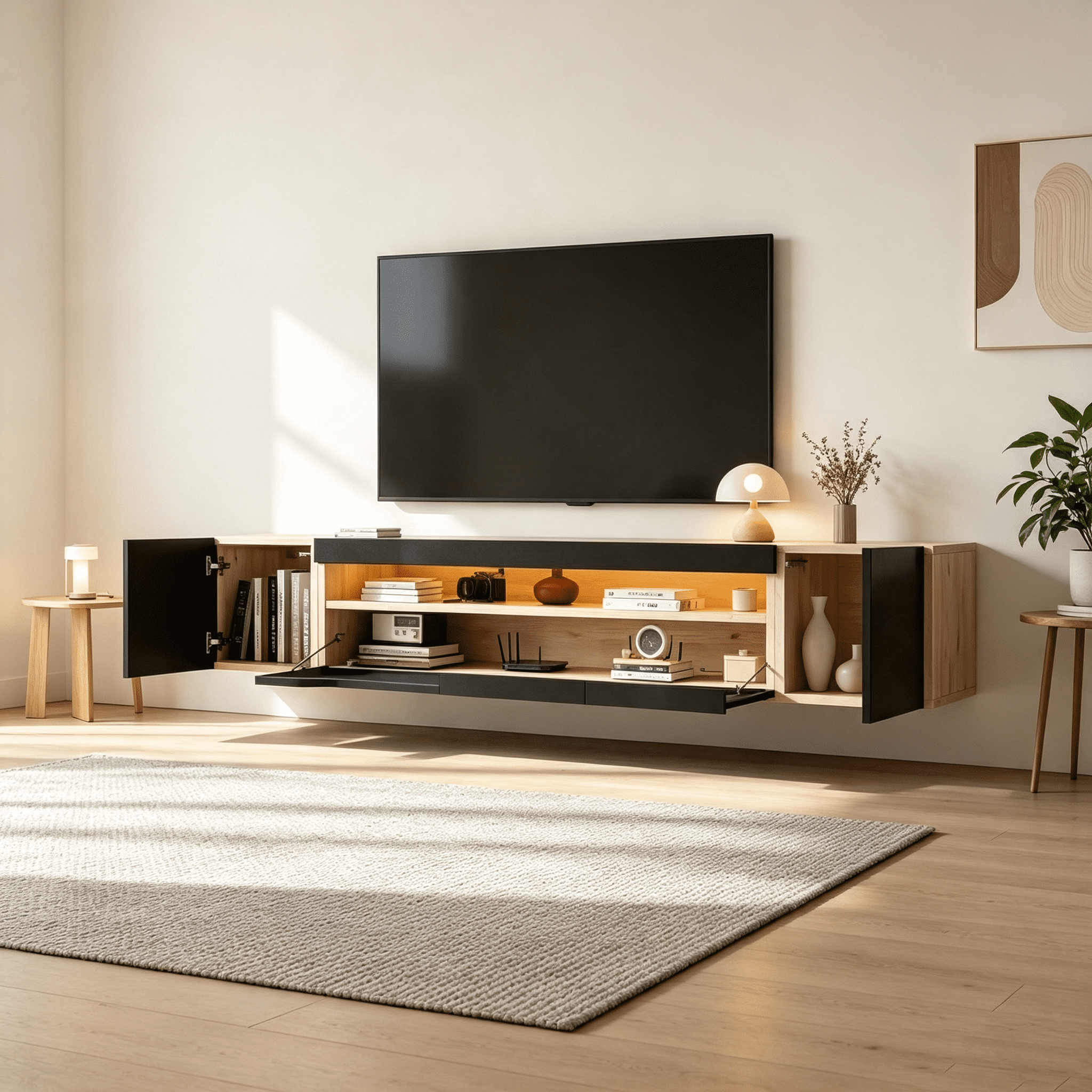 Homy Casa 64.9" Wall-Mounted TV Stand with LED Lights and 3 Storage Compartments, Black and Natural