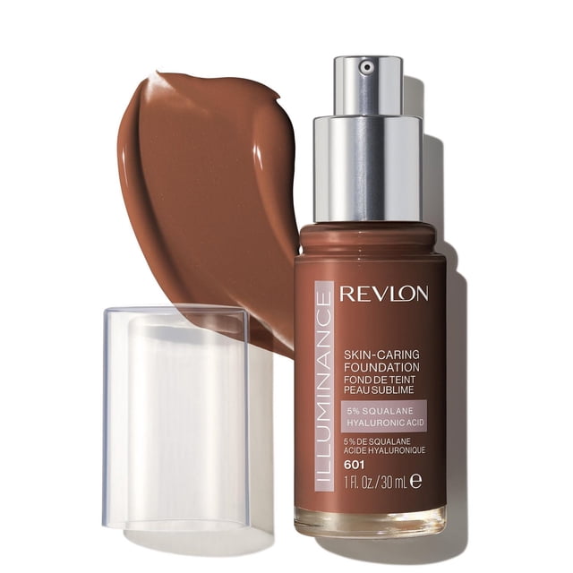 Revlon Illuminance Skin-Caring Liquid Foundation Makeup, medium coverage in shade 601, 30mL bottle with silver pump and clear cap, shown with a smooth swatch of brown foundation on white background, ideal for buildable coverage and skin hydration.