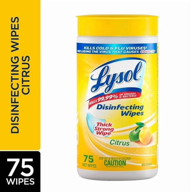 LYSOL® Disinfecting Wipes, Citrus, 75 Count, displayed in a yellow cylindrical container with citrus imagery and bold branding. The label emphasizes its ability to kill 99.99% of viruses and bacteria, including the virus that causes COVID-19, and its use for sanitizing hard, non-porous surfaces and electronics. Ideal for quick cleaning and sanitization, contains 75 pre-moistened wipes.