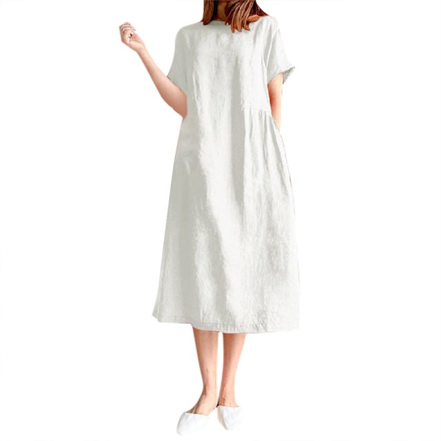 2025 Robes pour Femmes à Col Rond Courtes Robes d'Été pour Femmes à Manches Couleur Unie Coupe Ample Queue Robes pour Femmes Décontractées Ajustées Mi-Longues