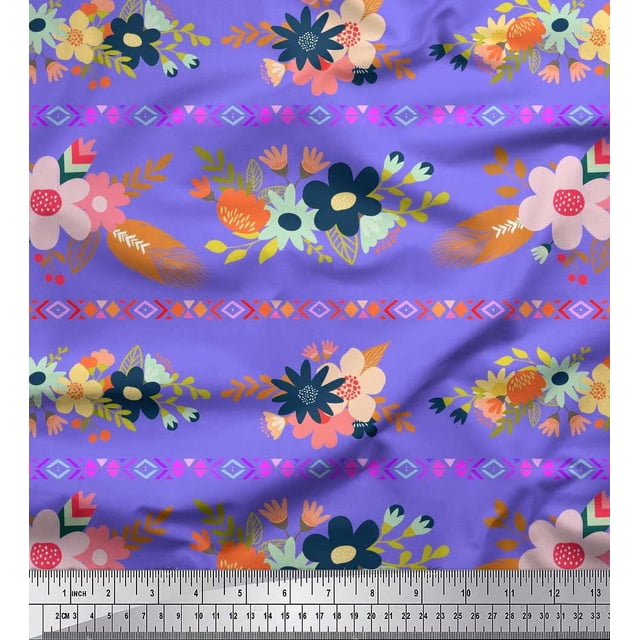 Soimoi Poly Georgette Fabric Leaves & Floral Artistic Printed Fabric 1 Yard 52 Inch Wide