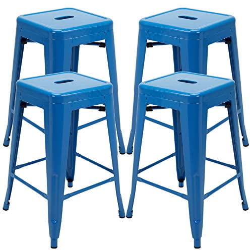 Vogue Furniture Direct 24 Inch Metal Bar stools, Backless Counter Height Barstools, Indoor Outdoor Stackable Stools with Square Seat, Set of 4 (Blue)