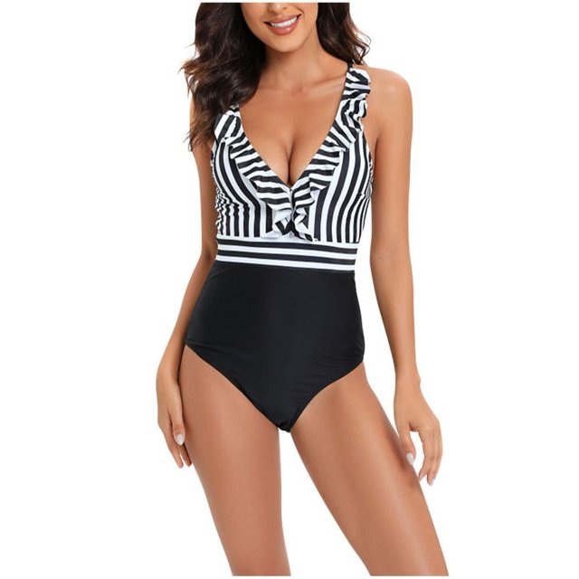 Birdeem Womens Contrast Color Stripe Camisole Backless Bikini One-Piece Swimsuit