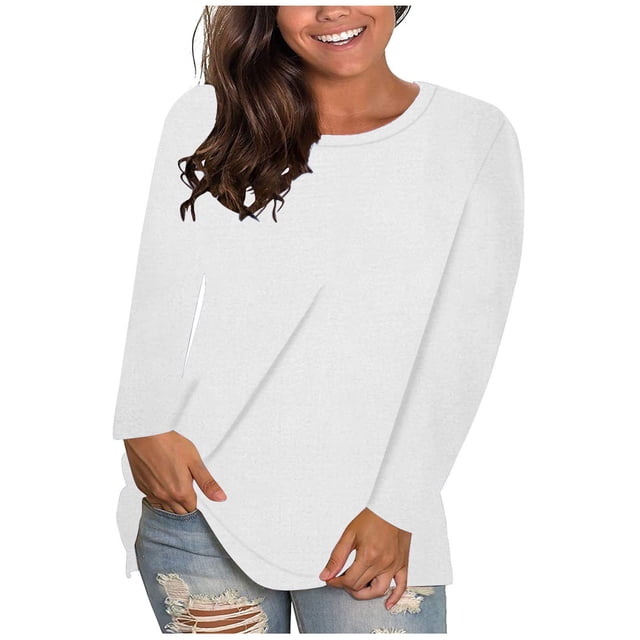 T-shirts à Manches Longues pour Femmes, Couleur Unie, Décontractés, Col Ras du Cou, Automne Hiver, T-Shirts Basiques