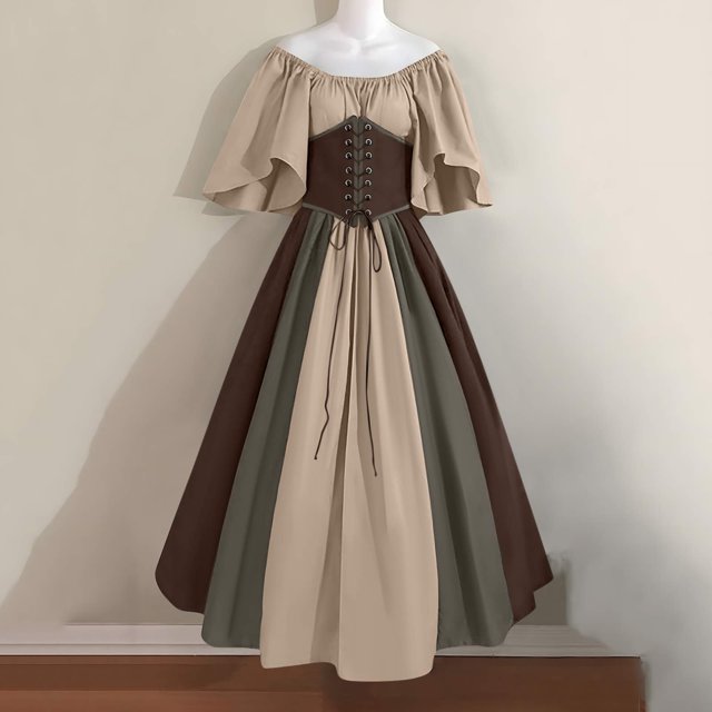 FcBaudy Robe de Cour pour Femme Style Médiéval Rétro Gothique à Contrastes avec Empiècements, Manches Volantées, Taille à Lacets et Grande Jupe, Robe de Soirée à une Épaule pour Bal, Robes pour Femmes